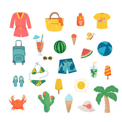big summer Set of cute summer icons: costume, palm tree, cocktail, suitcase, ice cream, bathing suit, ball, t-shirt, cocktail, watermelon, butterfly, crab, cactus, flip flops, bag, cocktail, palm tree