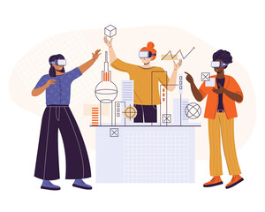 Break the bias. Women of different ethnic groups in VR headsets experiencing virtual reality simulation. Professional female engineers design houses in virtual reality. Women work. Vector illustration