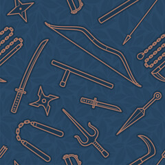 Vector seamless texture line symbols of ninja weapons. Blue background.