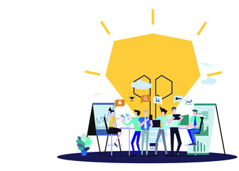 Business  man and  Lady  teamwork  Brainstorming,Contact communicate  with Cellphone, Laptop,Computer, icon, paper  rocket fold - Idea  concept creativity  innovation technology modern.
