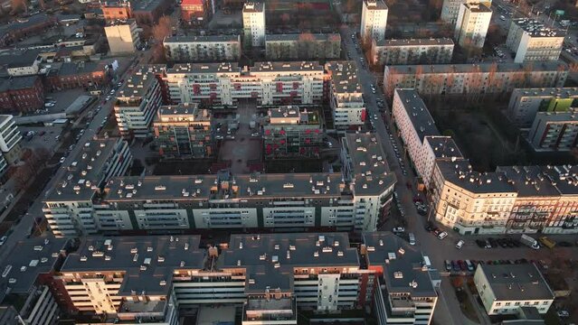 Residential area in europe city, aerial view. Cityscape of Wroclaw neighborhood, Poland