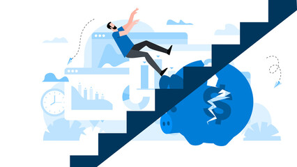 Man falling down the stairs with broken piggy bank on background. Animation ready duik friendly vector. Conceptual business story. Financial crisis, economic recession, bankruptcy, depression.
