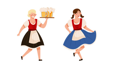 Waitress in traditional German clothes with mugs of beer. Oktoberfest beer festival vector illustration