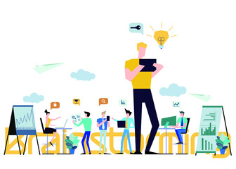 Business  man and  Lady  teamwork  Brainstorming,Contact communicate  with Cellphone, Laptop,Computer, icon, paper  rocket fold - Idea  concept creativity  innovation technology modern.
