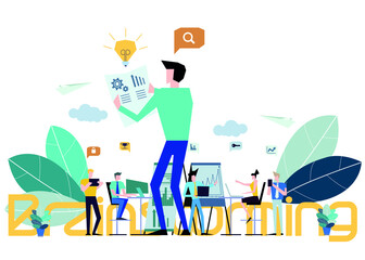 Business  man and  Lady  teamwork  Brainstorming,Contact communicate  with Cellphone, Laptop,Computer, icon, paper  rocket fold - Idea  concept creativity  innovation technology modern.
