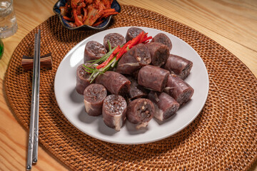 The Korean Blood Sausage or Sundae, Soondae is Korean traditional national food. Street home Asian cuisine.