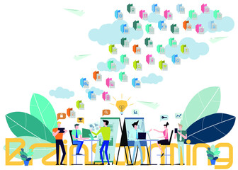 Business  man and  Lady  teamwork  Brainstorming,Contact communicate  with Cellphone, Laptop,Computer, icon, paper  rocket fold - Idea  concept creativity  innovation technology modern.
