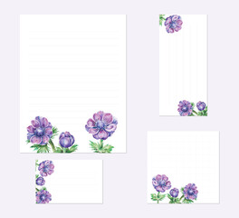 Fototapeta na wymiar stationery set with hand painted watercolor illustration of anemone, for letter, memo, card, note