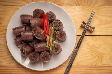 The Korean Blood Sausage or Sundae, Soondae is Korean traditional national food. Street home Asian cuisine.