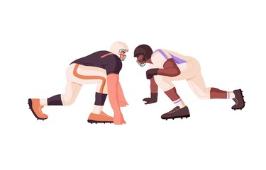 Fototapeta na wymiar Two rugby players competitors in front of each other. Athletes playing American football, rivals struggling during sports game, competition. Flat vector illustration isolated on white background