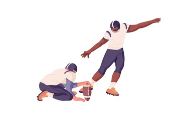 American rugby players during sports game. Athletes, rivals in helmets with ball in hand. Men playing arm football in America. Flat vector illustration isolated on white background