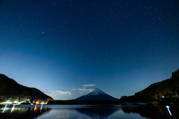 Fototapeta na wymiar 山梨県精進湖と富士山と天の川の星空