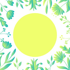 Leaves frame social media background with flower and circle.