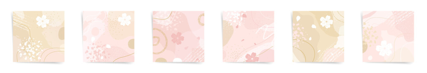 Golden week spring sale square post banners fashion template set. Japanese design sale promo posts. Design with wavy patterns, tradition style abstract elements in pink, beige, white colors set.