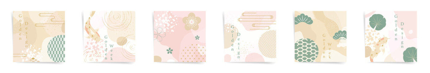 Golden week spring sale square post banners fashion template set. Japanese design sale promo posts. Design with wavy patterns, tradition style shapes, elements in pink, beige, green colors set.