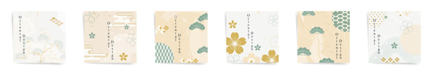 Golden week spring sale square post banners fashion template set. Japanese design sale promo posts. Design with wavy patterns, tradition style aesthetic elements in gold, beige, green colors set.