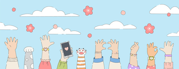 Plum sakura blossom celebration cartoon cute banner. Background illustration with people and animals hands, sakura flowers, landscape, sky and clouds. Vector. © Takoyaki Shop
