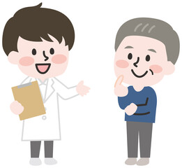 相談するシニアと白衣の人物イラスト 