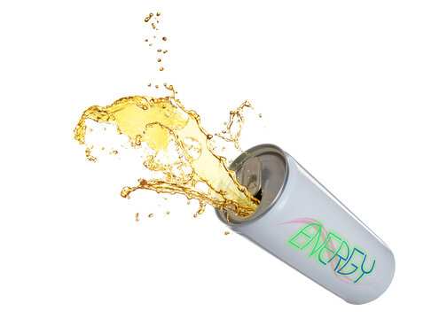 Can Of Energy Drink With Splashes On White Background