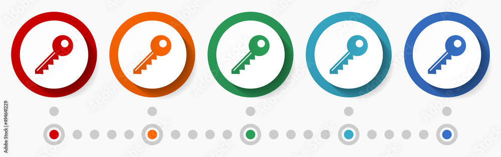 Poster Key, access concept vector icon set, flat design colorful buttons, infographic template in 5 color options