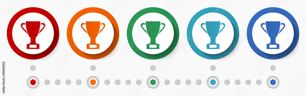 Poster cup, trophy, winner concept vector icon set, flat design colorful buttons, infographic template in 5