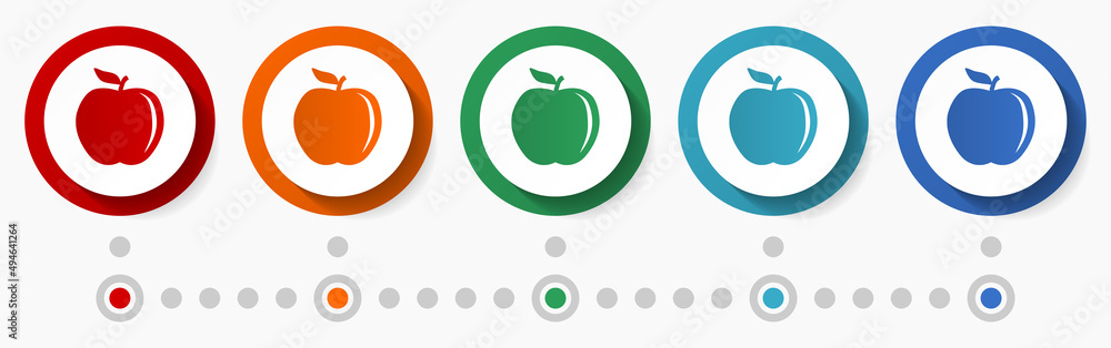 Poster apple, fruit concept vector icon set, flat design colorful buttons, infographic template in 5 color 