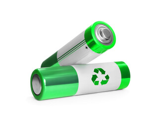 Batteries with recycle symbols on white background