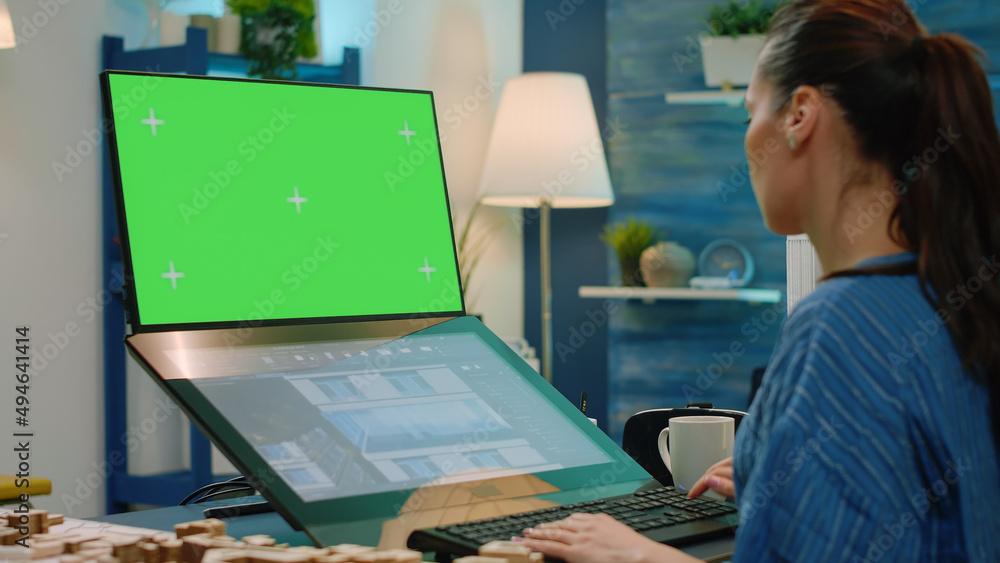 Poster woman architect using green screen for building model and architectural construction. engineer looki