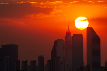 High angle view of Bangkok skyline at sunset.