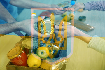 Double exposure of volunteers giving products to refugees and Ukrainian flag, closeup. Help during...
