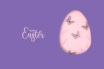 Happy Easter text with Easter egg cut out of paper and butterflies. Creative Easter holiday greeting card on very peri color background.