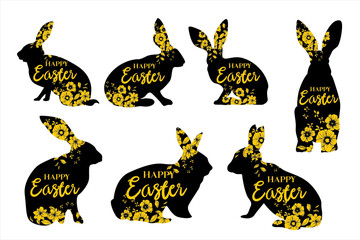 Happy Easter. Cute bunny with floral decorative decoration in spring