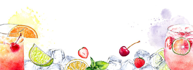 Colorful banner with cocktails, fruits and ice cubes isolated on white background. Hand drawn watercolor illustration.