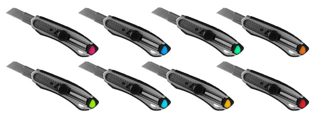 Obraz premium Set with different colorful utility knives on white background. Banner design