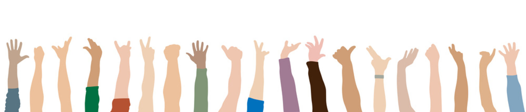 Cheering raised hands of multiethnic people. Fans, arm of men and women. Vector illustration