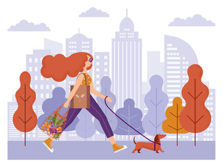 Naklejka premium Woman Walking with Dog in City Park