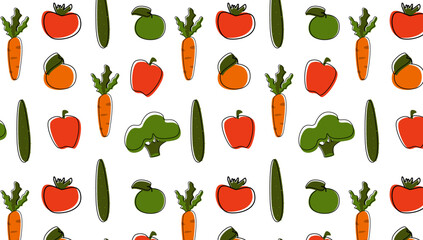 Seamless pattern with simple fruits and vegetables. Illustration of broccoli, cucumber, tomato, carrot, apple and paprika.