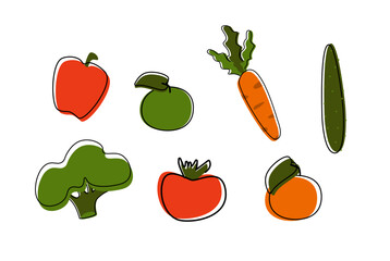 A set of simple fruits and vegetables. Vector illustration of broccoli, cucumber, tomato, carrot, apple and paprika.