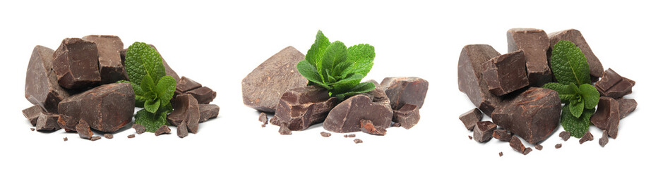 Set with tasty dark chocolate and mint on white background. Banner design