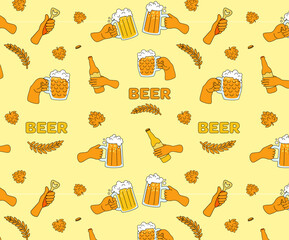 Beer seamless pattern. Background elements of beer glasses, bottles, mugs and hands. Useful for brewery, festival, bar, pub advertising or menu. 