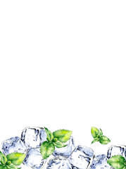 Frame with mint and ice cubes isolated on white background. Hand drawn watercolor illustration.