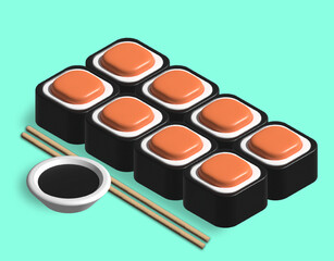 Vector sushi and rolls with chopsticks in 3d.