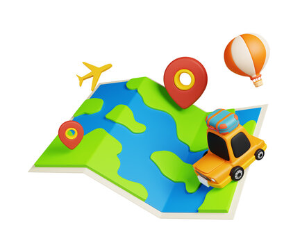 Travel icon 3d render illustration of Map with Pin Pointers and summer vacation elements isolated on white. summer vacation concept