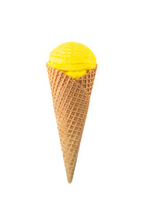 Mango ice cream in waffle cone isolated on white background.
