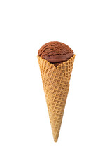 Chocolate ice cream in a waffle cone isolated on a white background.