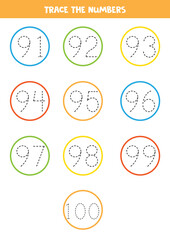 Tracing numbers from 91 to 100. Writing practice for kids.