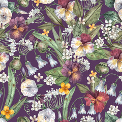 Vintage, watercolor seamless pattern with wild flowers, bluebells, violets, bindweed, greenery. For  clothes, fashion fabrics, home decor, backgrounds, cards and templates, scrapbooking etc
