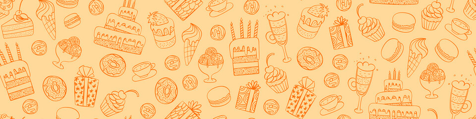Seamless pattern with gifts and desserts. Birthday party background. Vector illustration.