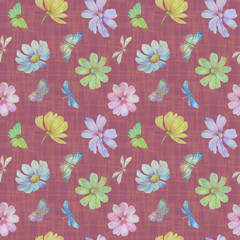 Abstract botanical background of flowers, butterflies and dragonflies. Seamless ornament for wrapping paper, design, print. Delicate flowers painted in watercolors, digitally processed.