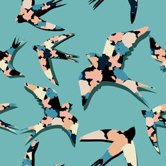 Swallows pattern, vector background with flying birds, abstract design, seamless pattern